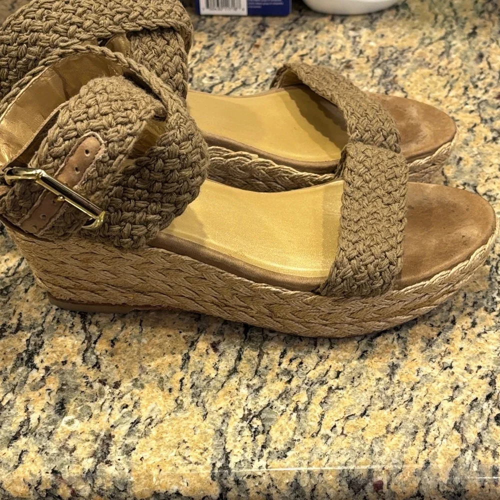 Stuart Weitzman Espadrille Wedge Sandals Ankle Wrap Size 6.5 Neutral - Picture 7 of 13